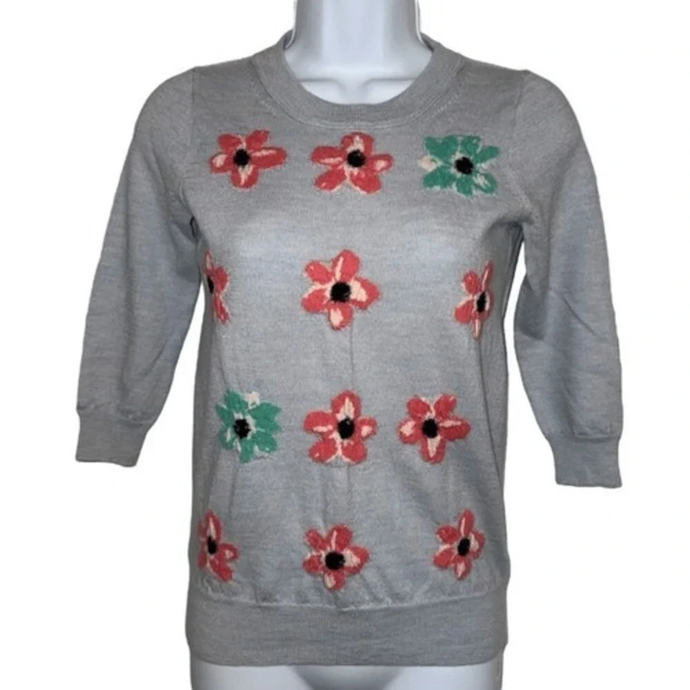 J. CREW 100% Merino Wool Tippi 3/4 Sleeve Crewneck Sweater Graphic Floral EUC XS